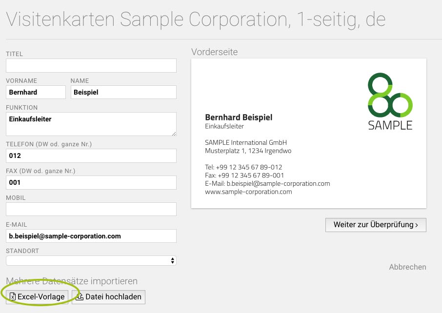 Neu Excel Upload Fur Grossbestellungen Von Visitenkarten Prinux